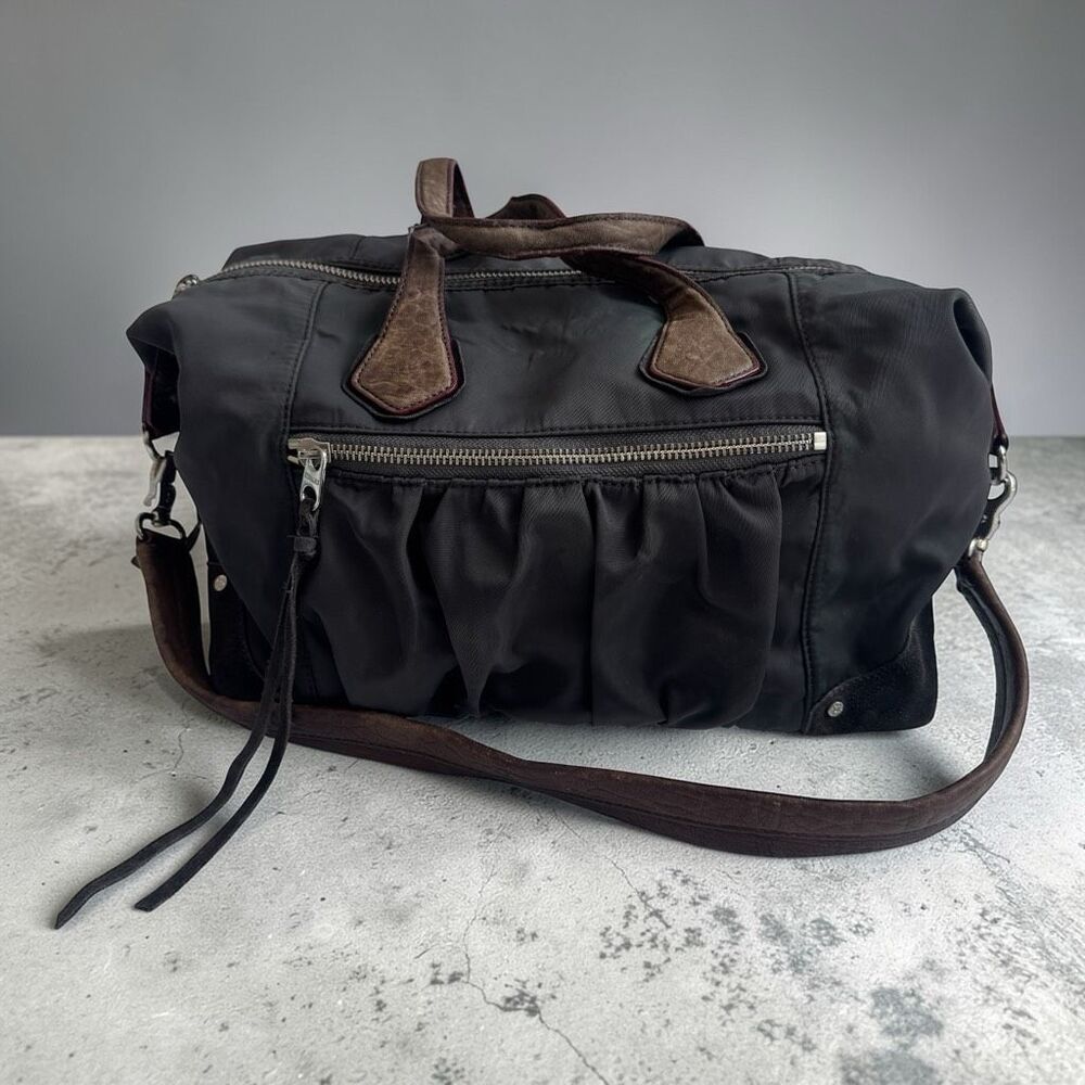 MZ Wallace Black Nylon Shoulder Bag with Brown Leather Trim